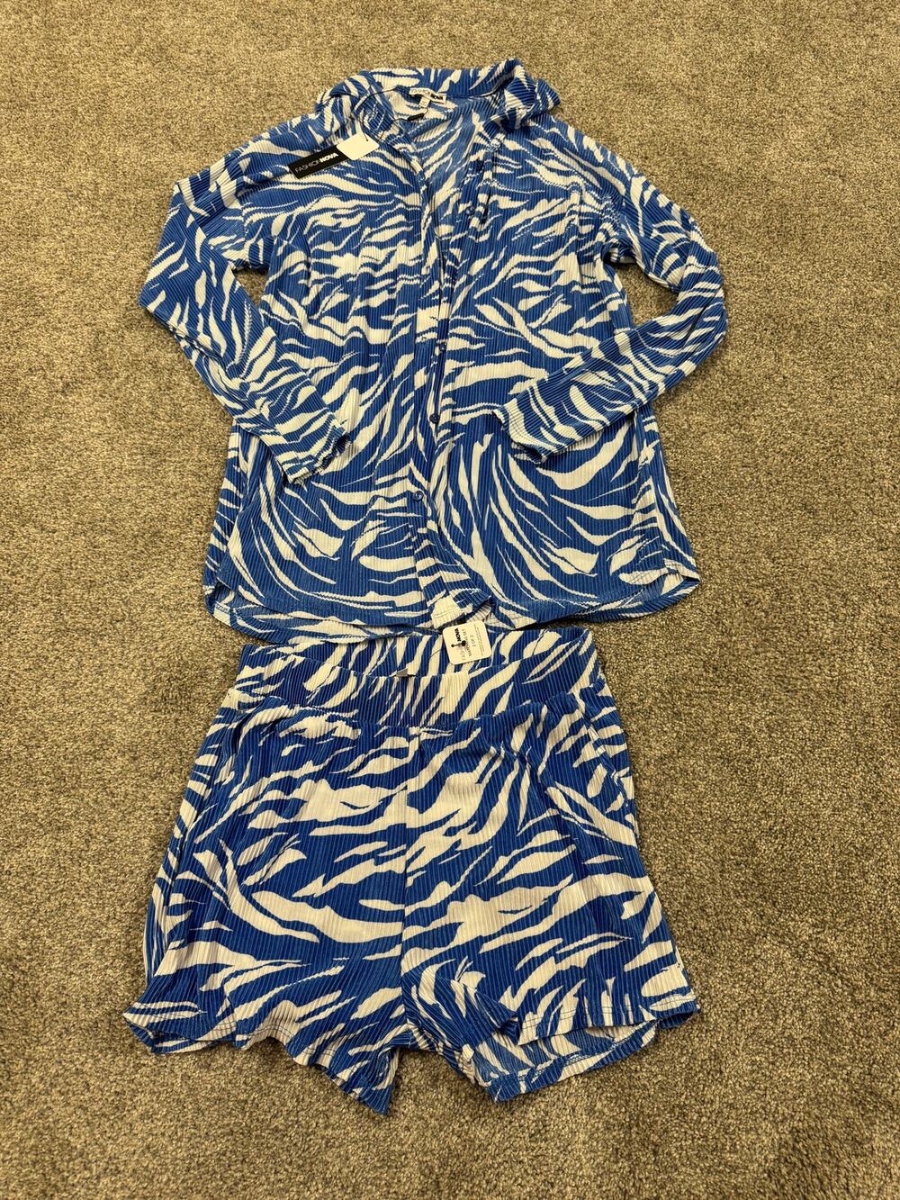 Fashion Nova Blue & White Zebra Print Two-Piece Set